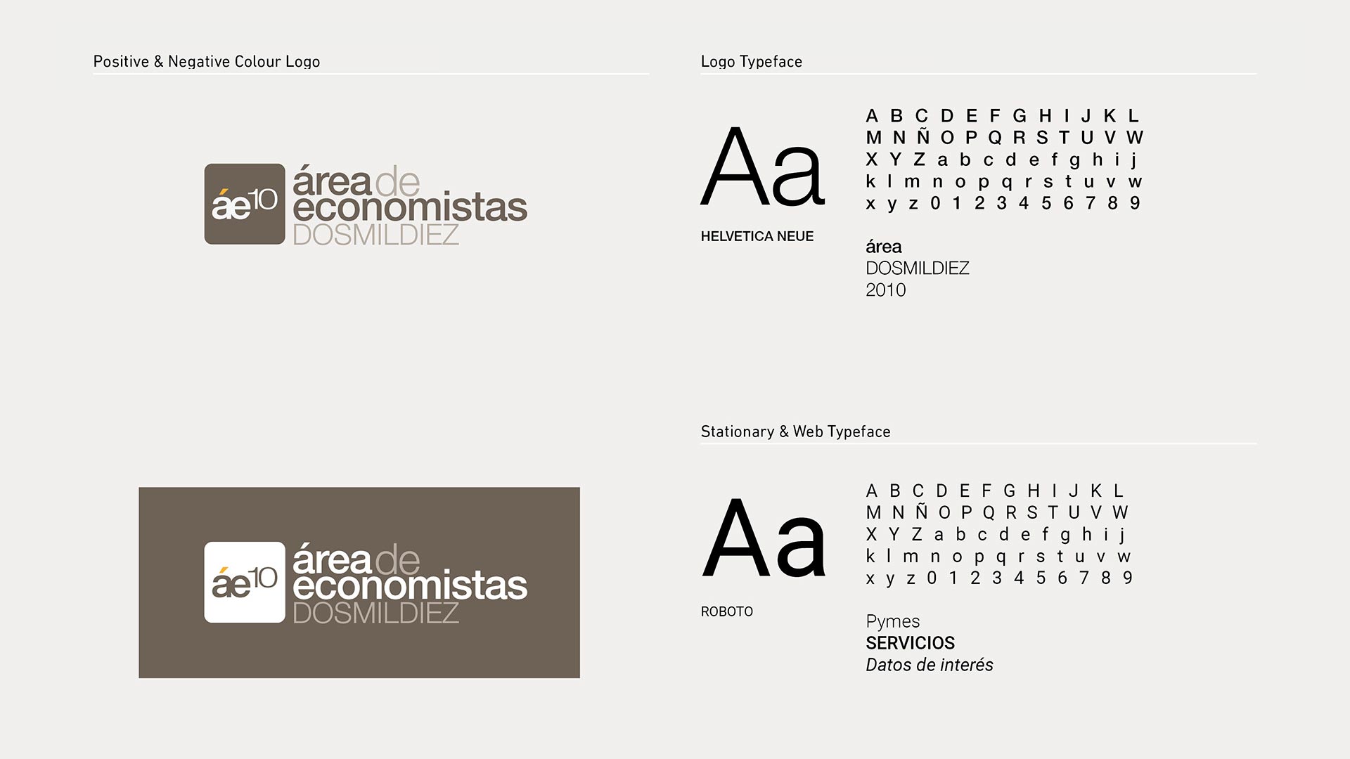 Página versiones a color y tipografía del Brandbook de Área Economistas 2010